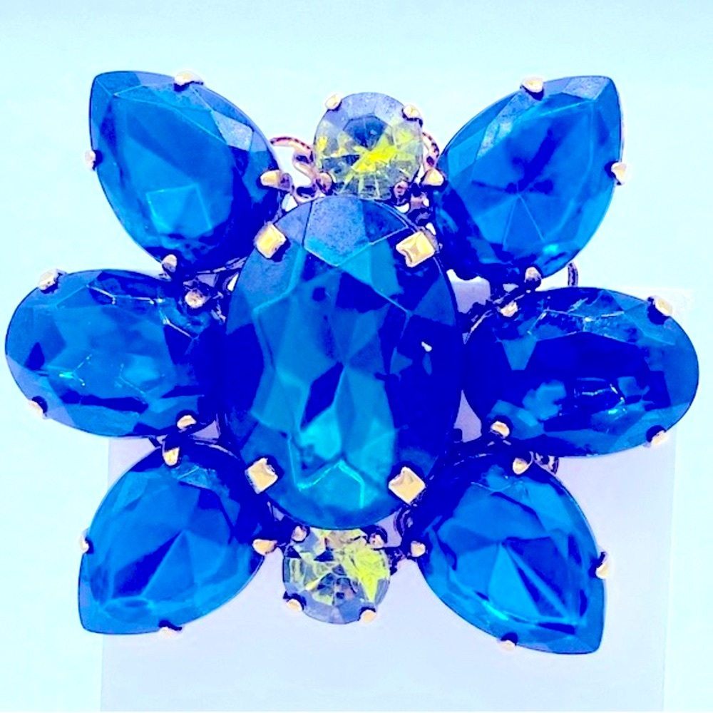 Vintage Erickson Beamon Gold Tone Teal Blue And Citrine Rhinestone Brooch Signed